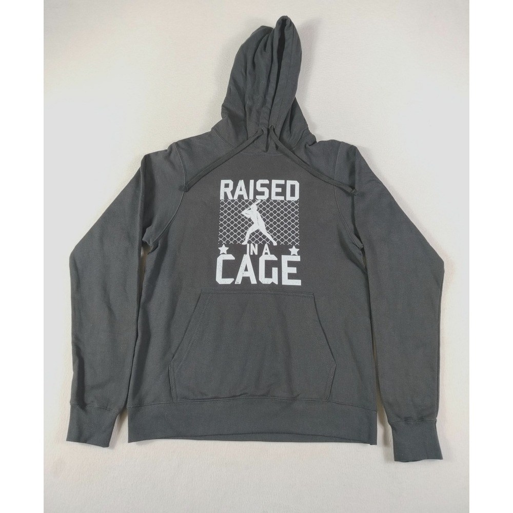 Raised In A Cage Baseball Hoodie Sweatshirt Mens Small Black Port & Company